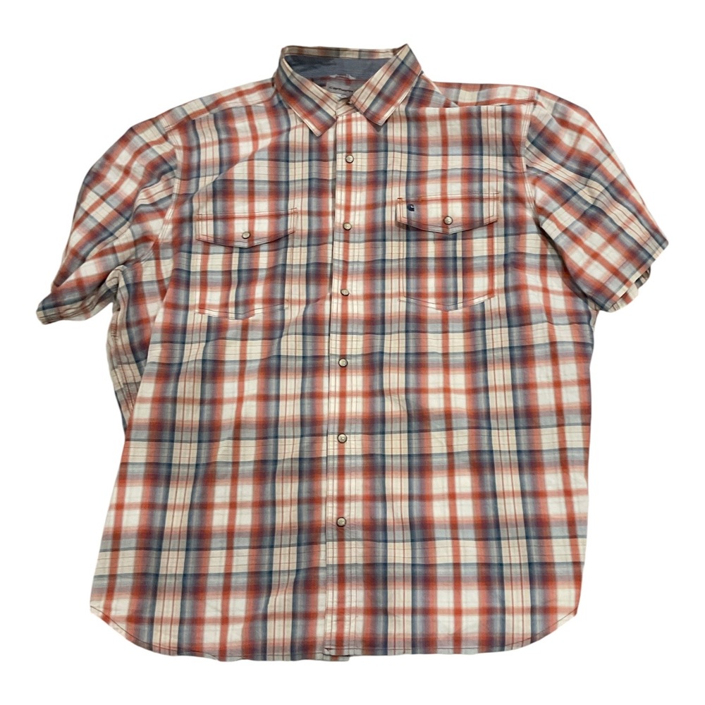 Carhartt Mens 2XL Plaid Short Sleeve Snap Front Work Shirt Orange Blue